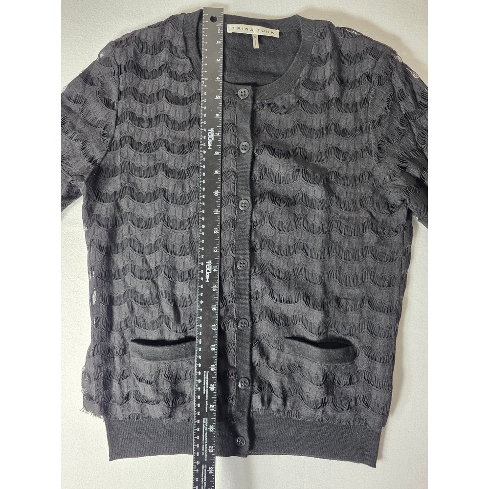 Trina Turk Womens Cardigan Sweater Size M Black Wavy Open Knit Short Sleeve